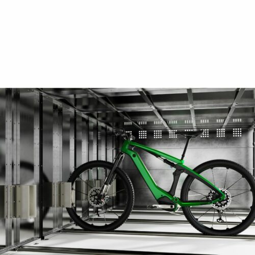 Fietskluis Basic 19 Binnenzijde van de Protect fietsbox Basic met wielgeleiding en stallingsruimte